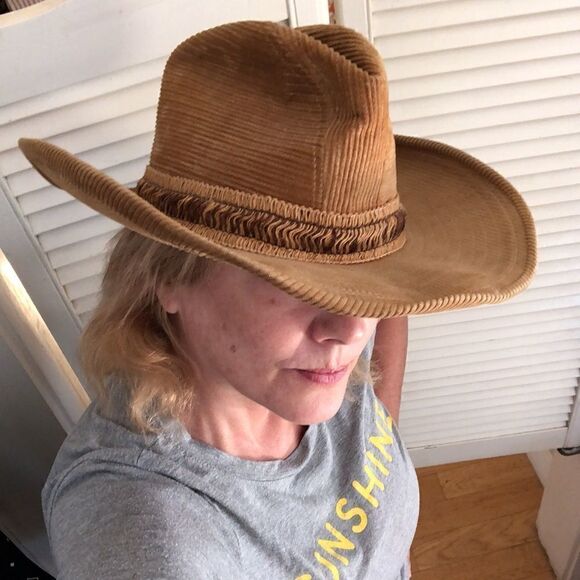Country Gentleman’s Corduroy Wide Brim Ranch Hat in Tan Feather and braid accent